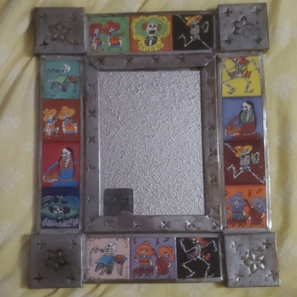 Authentic Mexican Day of the Dead Sugar Skull Tiled Punched Tin Mirror. - Picture 6 of 12